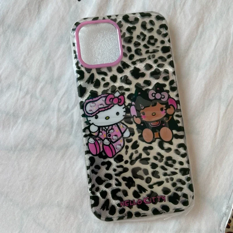 Funda Kawaii Tan Hello Kitty con estampado de leopardo Y2K para IPhone 16 15 14 13 12 Pro Max Sanrio funda protectora creativa con pulsera