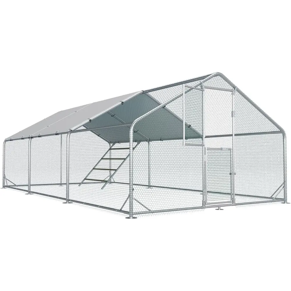 

Spacious Chicken Coop with Feeding Door for 20-30 Birds, Outdoor Poultry Enclosure with UV-Protected Cover and Accessible Pen