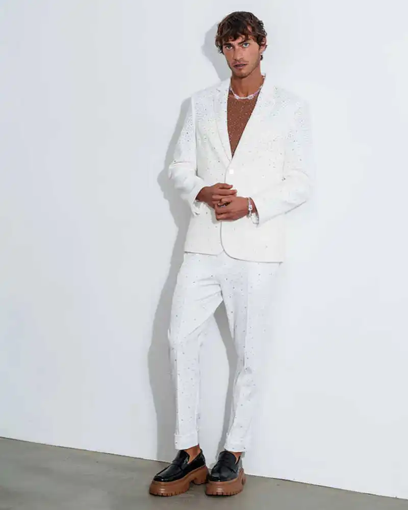 Fashion Man Tuxedos Beaded 2 Piece Set Jacket Pants Men Suit Notched Lapel Single Breasted Evening Wedding Groom Customized