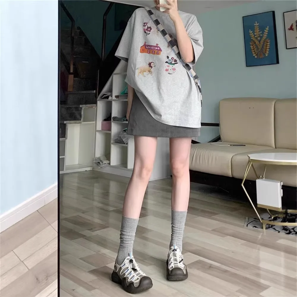 Pure Cotton Grey Short Sleeve T-Shirt Women's Summer New Design Cartoon Loose Fit round Neck Comfortable Casual Korean Style