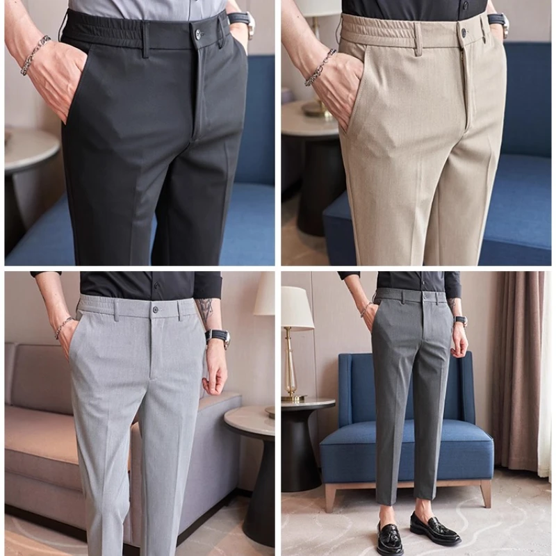 2025 Ice Silk Thin Elastic Waist Ankle-Length Pants for Men, Khaki Comfortable High-end Small Foot Men's Casual Cropped Trousers
