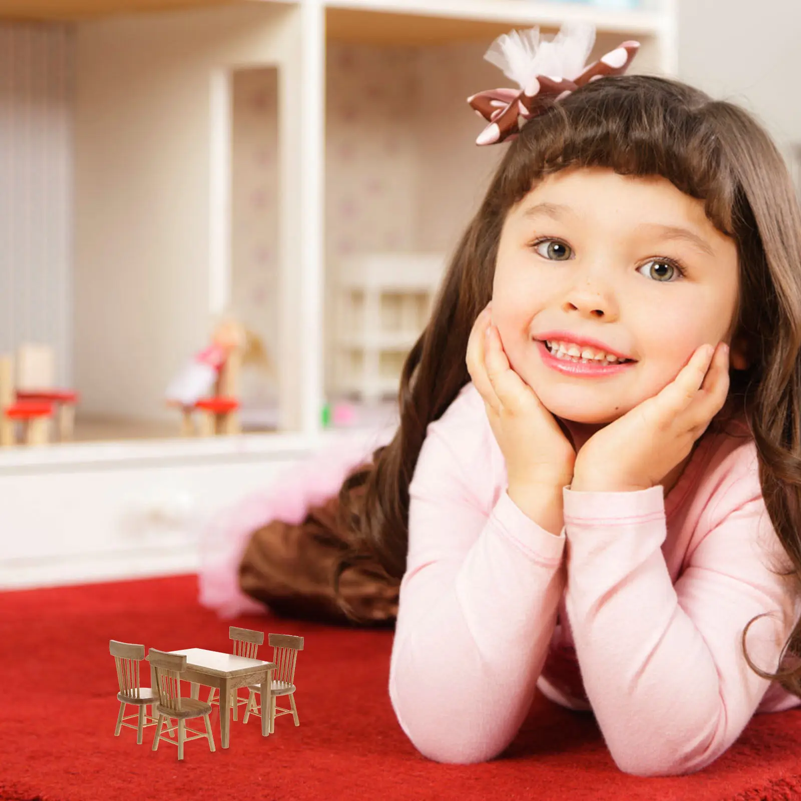 

Набор из 5 предметов деревянной миниатюрной мебели для дома: обеденный стол и стулья для миниатюрных интерьеров, цвет дерева, 102x65x65 см, стол 4x85 см