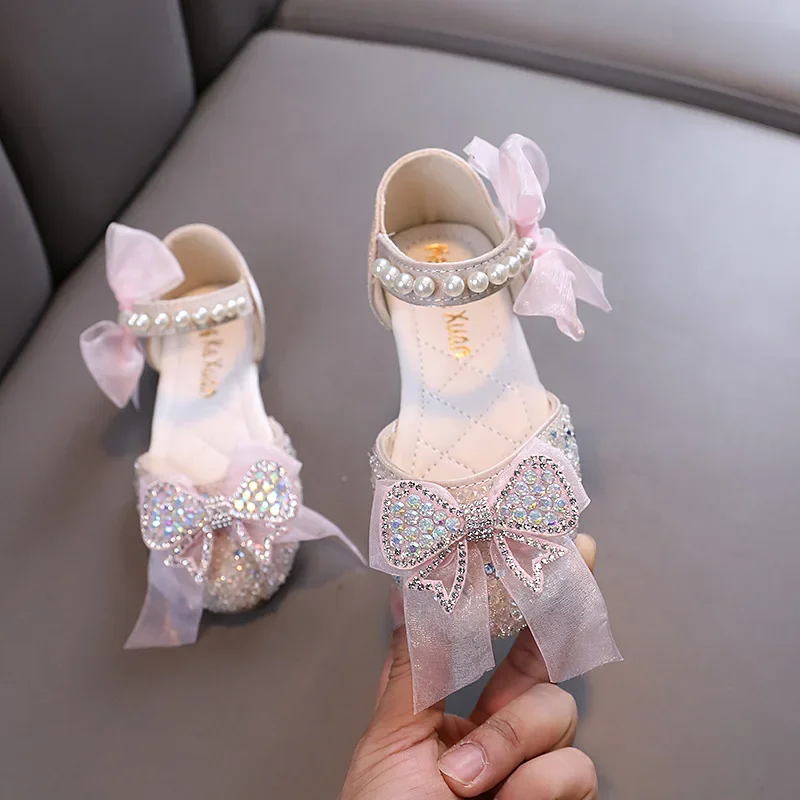 Children\'s Sandals Sweet Rhinestone Bowtie Princess Shoes for Girls Summer Fashion Elegant Pearl Kids Causal Dress Flat Sandals