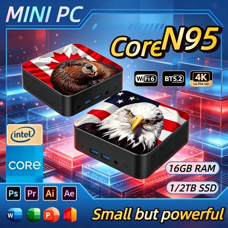 2026 USA Canada Flag Intel Core N95 Ultra Portable Mini Desktop 16 GB RAM 1 TB SSD Wi‑Fi 6 Bluetooth 5.2 High Speed for Office.