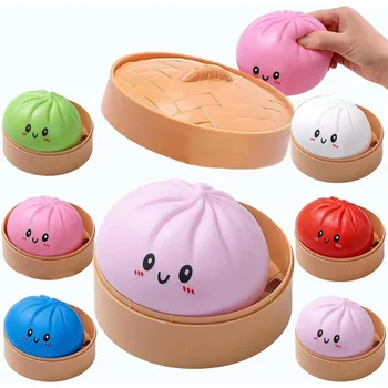 Large Dumpling Stress Ball with Steamer Colorful Squishy Bun Sensory Toy for Anxiety Relief, Squeeze Dough Ball for Adults&Kids