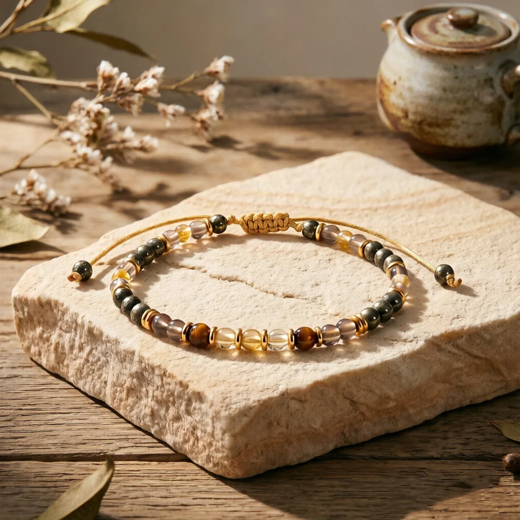 Chinese Style Lucky Wealth Attracting 4mm Pyrite Tiger Eye Clear Quartz Beaded Bracelet Adjustable Braided Rope Good Luck Blessi