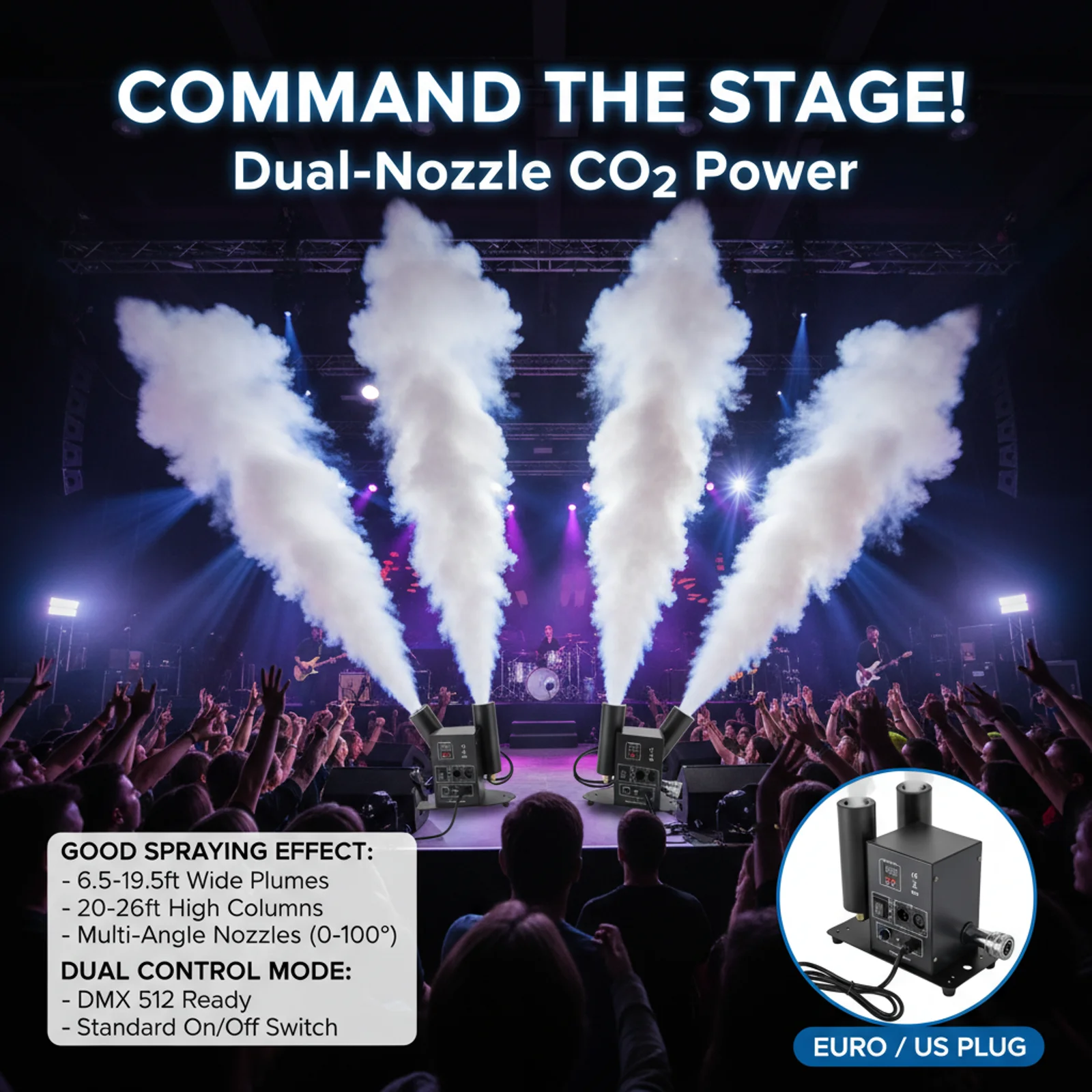 

Двухсопловая машина для создания тумана CO₂ 0-100 ° Дымовая машина CO₂ Jet Machine Air Column Fogger DMX512 для сценического освещения и создания дымовых эффектов