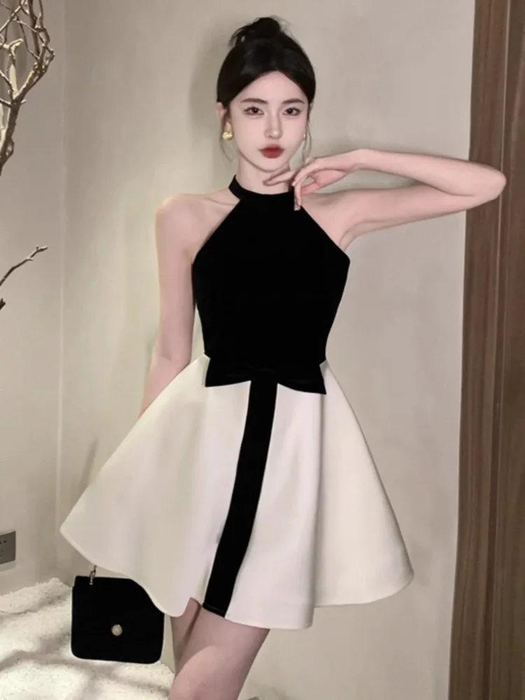 Kimotimo Vintage Dresses Women Sleeveless Bow Colorblock Halter Party Short Dress French Chic Sexy Waist A-line Elegant Vestido