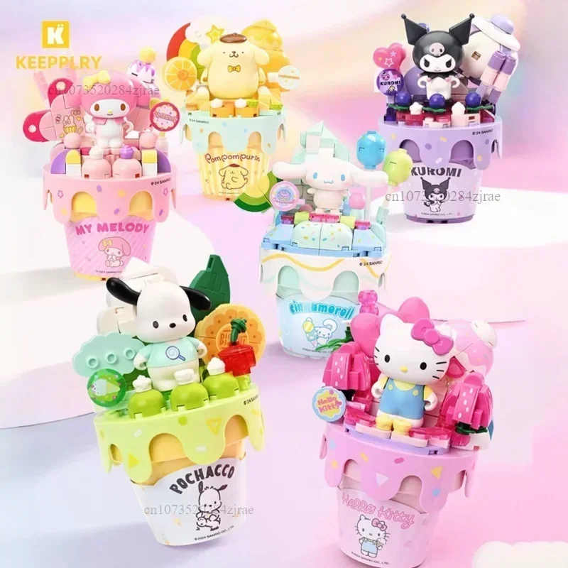 Keeppley Building Blocks Sanrio Hello Kitty Pochacco Burger Car Model Cinnamoroll Pompom Purin Splicing Ornaments Toys Gifts