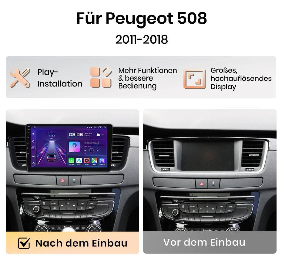 Junsun 9-Zoll Android 15 Autoradio für Peugeot 508 508SW 2011-2018, kabelloses Apple CarPlay, Auto-IPS-Touchscreen, Stereo-Multimedia-Videoplayer, intelligente Fahrzeugsysteme, 2-DIN-Autoradio-Haupteinheit, GPS-Navigation, BT, 4G, WLAN, FM, AM, DSP, RDS, SWC, DAB+ – Detail 3