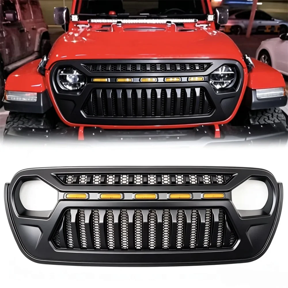 Для Jeep Wrangler JL JT Gladiator 2018-2025: передняя решетка в стиле Rebel с LED-подсветкой, гоночная решетка, модификация экстерьера.
