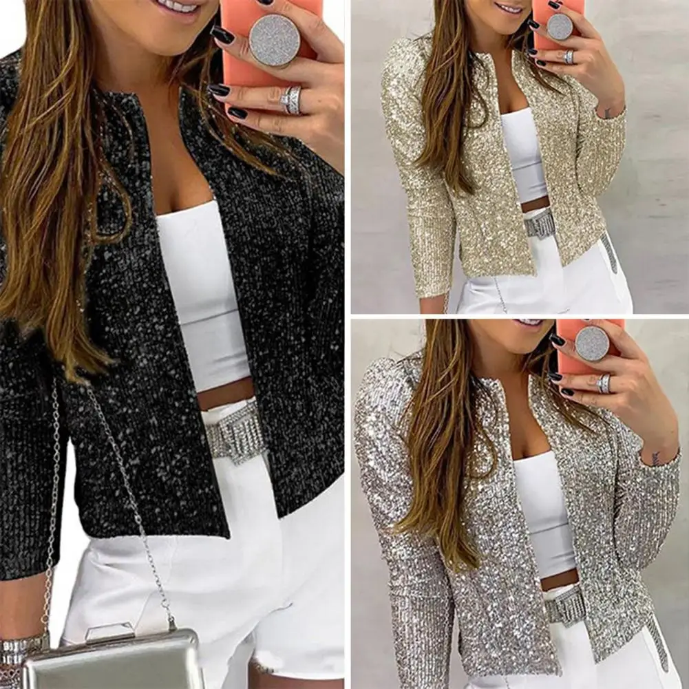 

Attractive Women Jacket Long Sleeves Hand Wash Party Blazer Sequin Shrug Open Front Crop Jacket