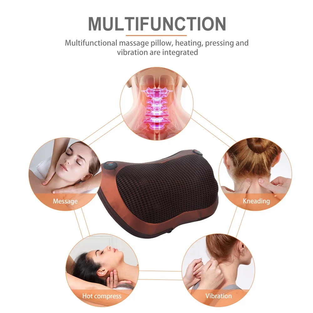 Head Massager Car Home Cervical Shiatsu Massage Neck Back Waist Body Electric Heating Kneading Infrared Therapy Massage Pillow