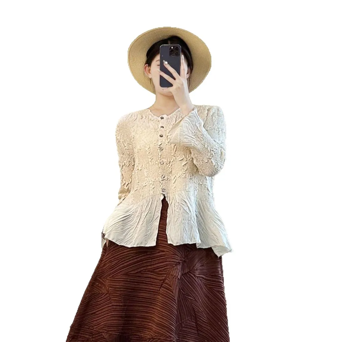 Miyake Pleated 2025 Autumn New Shirt Women's Fashion Sequin Elegant Shirt Temperament Versatile Slimming Pleated Jacket Pleated