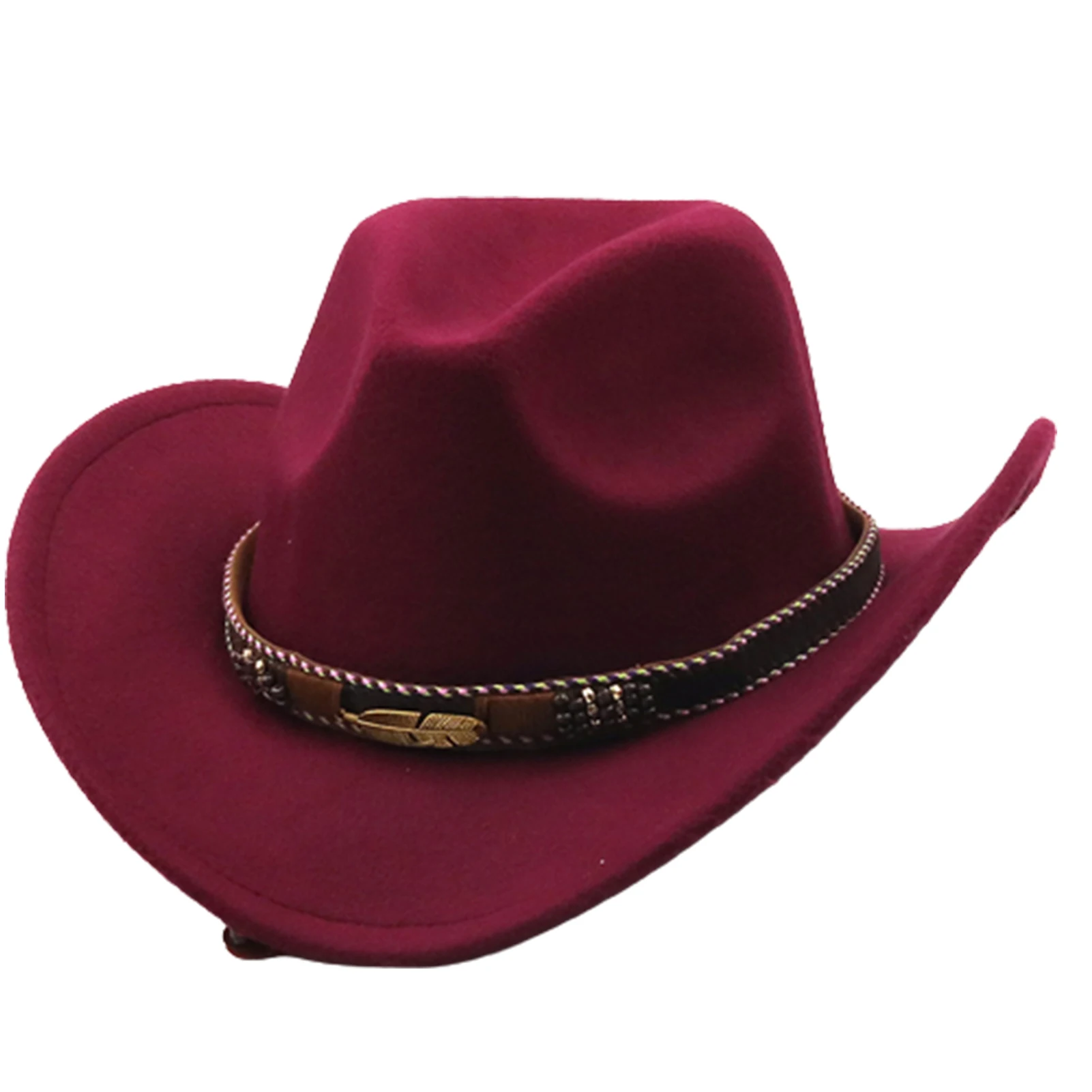 

Woman Man Vintage Top Hat with Metal Leaf Belt Cowboy Woolen Hat for Party Cosplay Stage Show