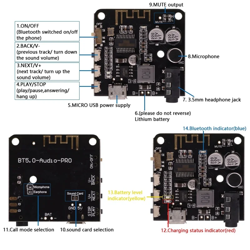 BT5.0 Audio Pro Receiver Board MP3 Bluetooth Decoder Lossless Car Speaker Audio Amplifier Board with Case 3.7V-5V