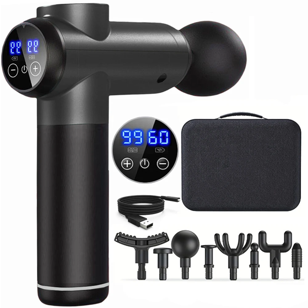 

Мощный массажный пистолет с 99 уровнями скорости, 8 насадками для снятия боли в шее, плечах, теле, мышцах, глубокотканный перкуссионный массажер для фитнеса