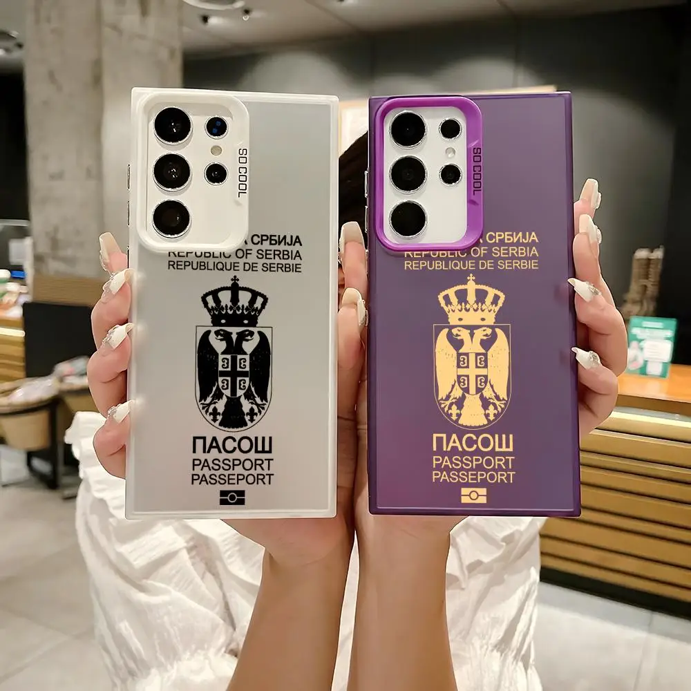 セルビアパスポートデザインのスマホケース、Samsung Galaxy S25 Edge、S24、S23、S22、S21、S20 Ultra対応、シリコン製シルバーのスマホケース