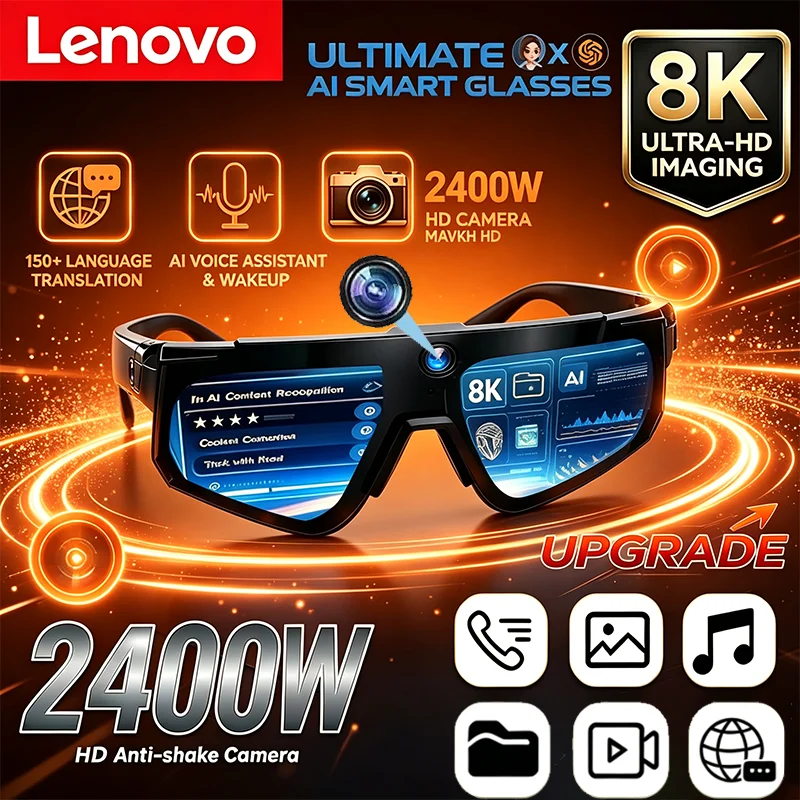Lenovo 2026 New 2400W ChatGPT AI Smart Glasses 1080P Video Anti Shake Sport Cycling Sunglasses Dual Mic 32GB Windproof