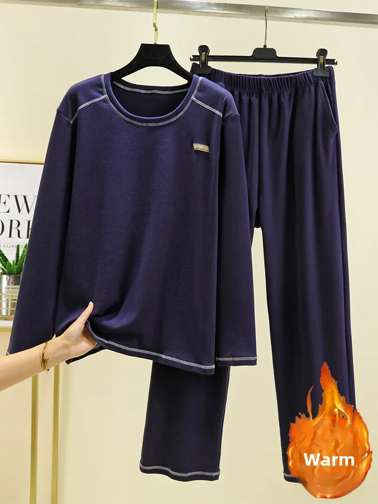 Men's Warmth Velvet round Ne Home Clothes Set Winter Loose Casual Long Sve Long Pants Two-Piece Set Comfortable Spwear