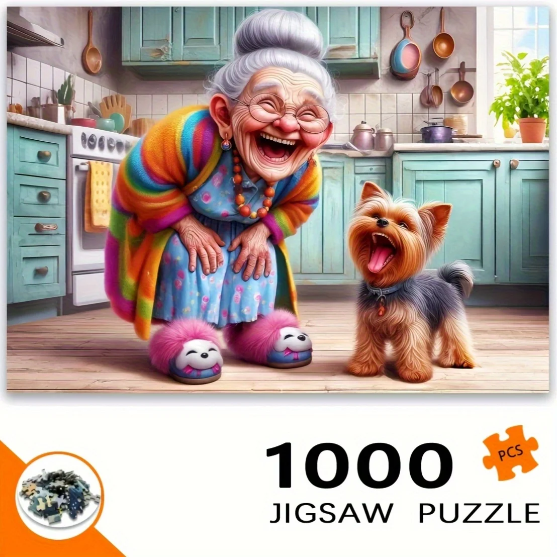 1000 قطعة من أحجية الجدة والكلاب السعيدة - ألوان نابضة بالحياة، نشاط للبالغين، مثالية للترابط العائلي، كرتون عالي الجودة