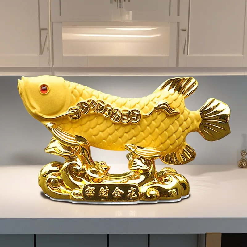 Estatua de resina de Arowana dorada, escultura de pez de riqueza Feng Shui, pez dragón chino, oficina en casa, adorno para atraer dinero de la suerte