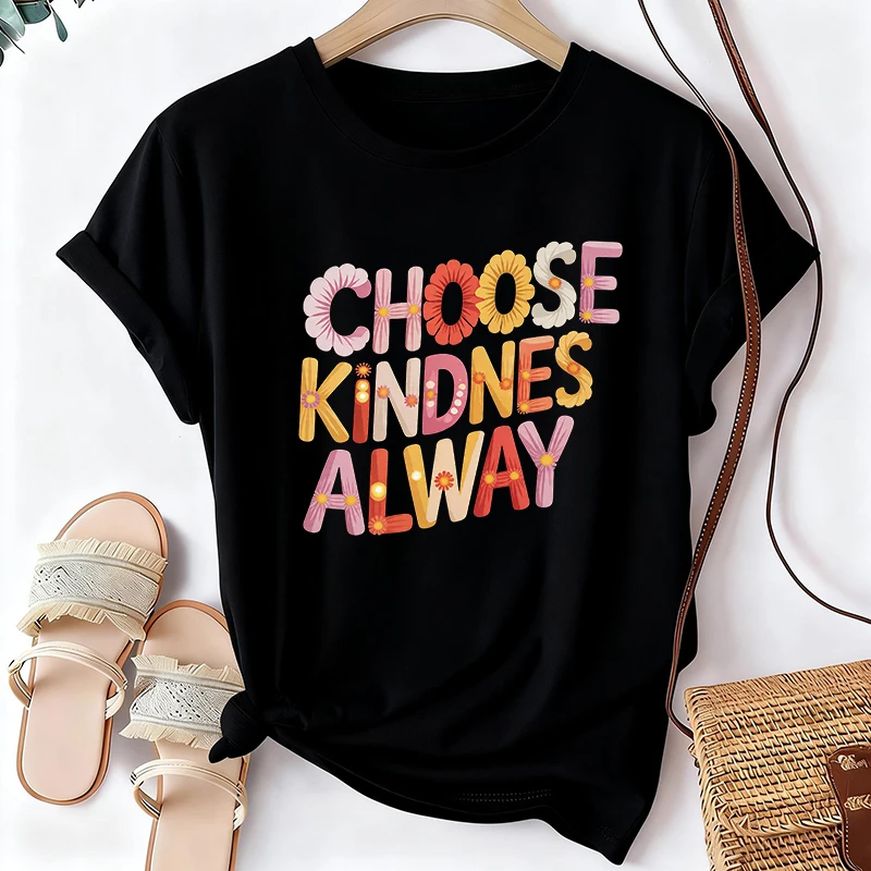 Women's Floral T Shirt with Choose Kindnes Alway Print Casual Graphic Tees Tops Summer Crew Neck Short Sleeve Tshirt 90s Clothes