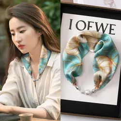 Magnetic Button Silk Scarf Women's Magnetic Pearl Necklace Long Strip 2024 New Style Gift for Mom High-end Matching Shirt