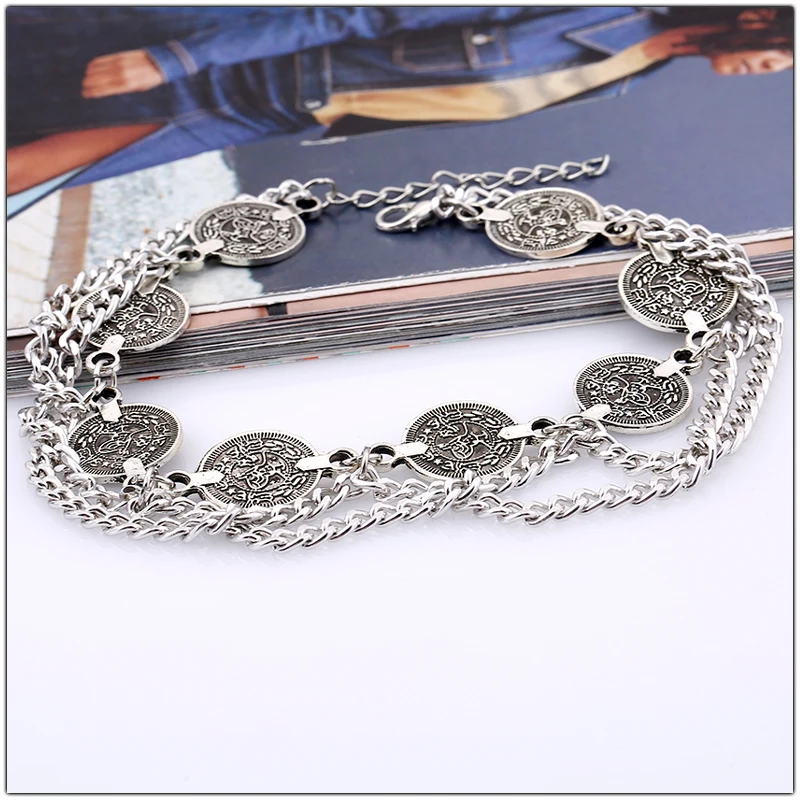 Vintage Silver color Anklets for Women Accessories Coin Charm Tassel Toe Ankle Bracelet Beach Chaine Cheville Femme Foot Jewelry