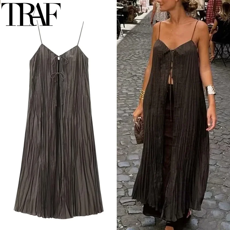 TRAF Bow Pleated Midi Dress Woman Cut Out Slip Long Dress Women Summer Backless Women's Loose Dresses Sleeveless Holiday Dresses