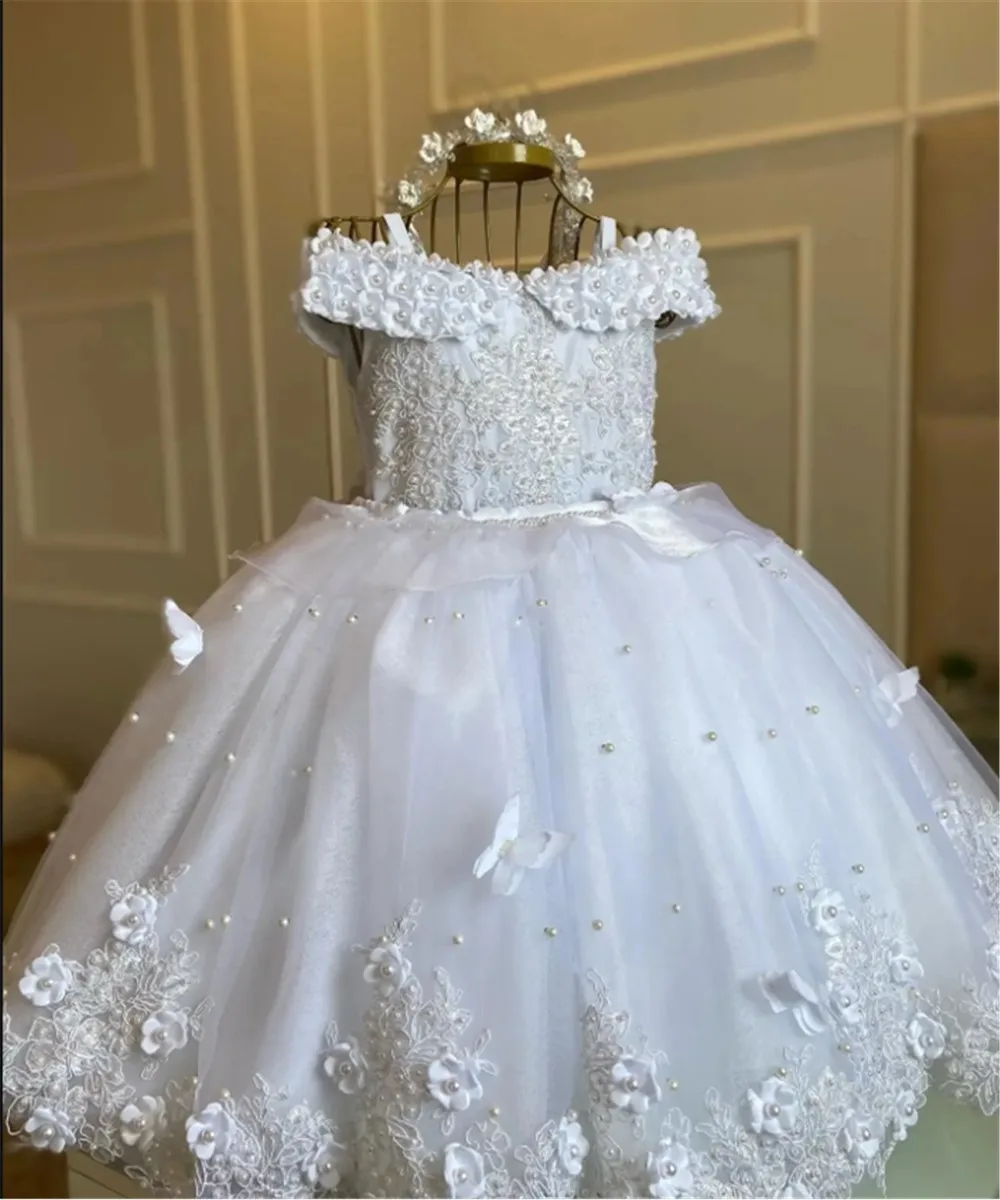 

White Pearls Flower Girl Dress For Wedding Butterfly With Bow Birthday Party Kids First Communion Ball Gown