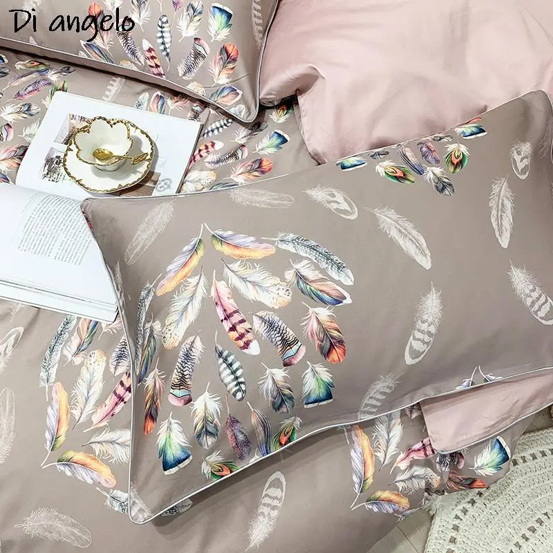 Imagem -05 - Nordic Feather Leaves Series Duvet Cover Grupo 600tc Algodão Egípcio Roupa de Cama Conjunto de Cama Folha Plana Rainha Rei s Pcs