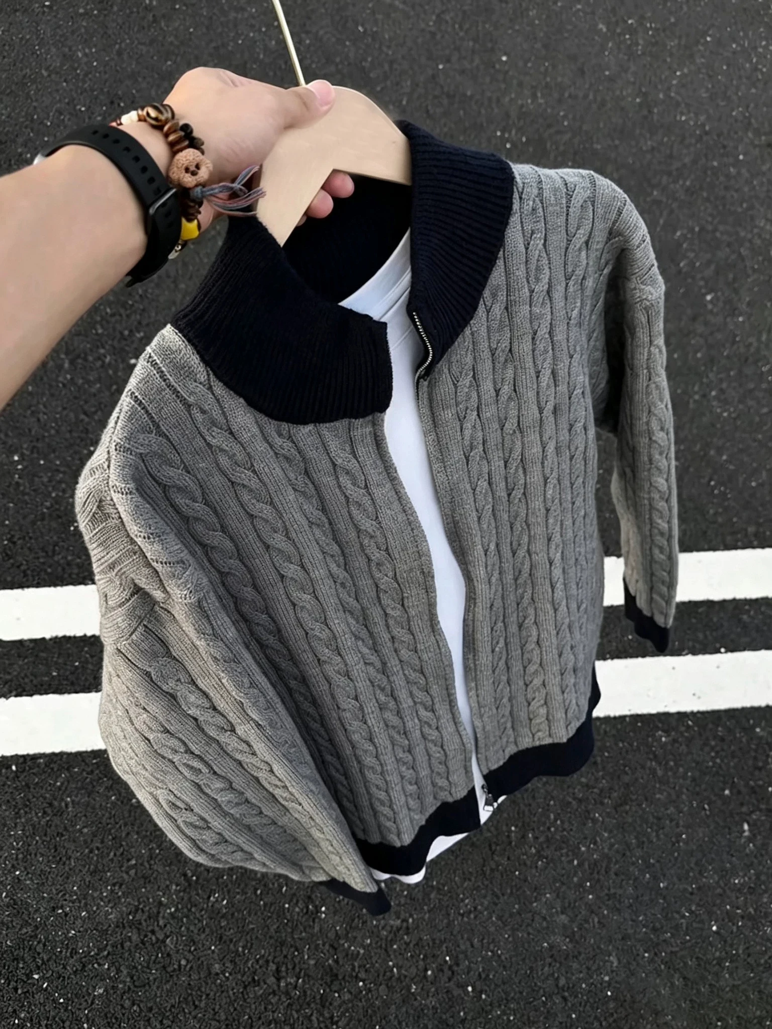 Retro Striped Knitted Sweater Coat Men's Half High Collar Color Block Casual Winter Outerwear Knitted Cardigan Warmth Focus