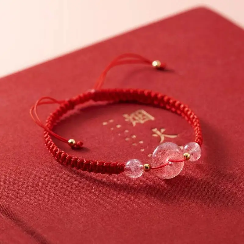 Vintage Chinese Style Strawberry Crystal Safety Buckle Bracelet for Women Handmade Lucky Red Rope Fashion Jewelry Girls Gifts