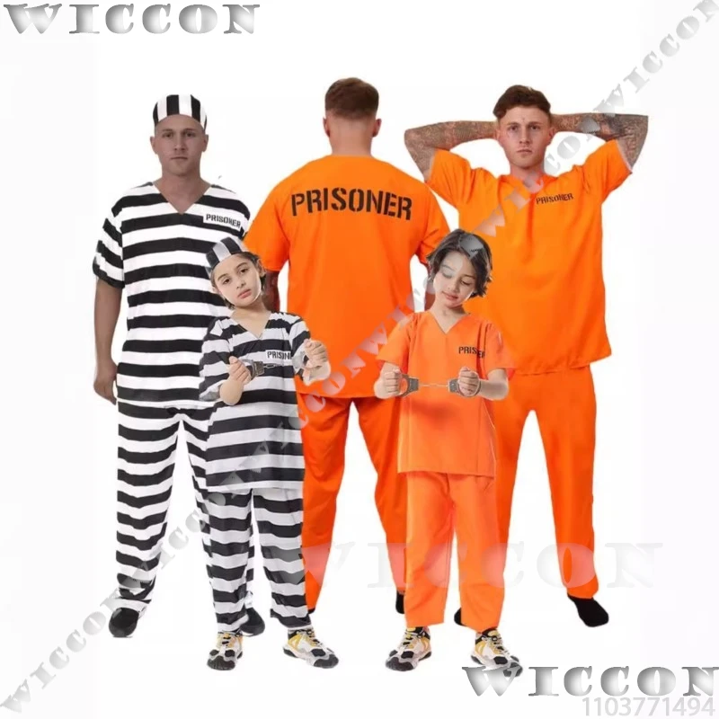 

Orange Prisoner Uniform Clothing Anime Cosplay Black And White Stripe Suit Adults Child Woman Man Halloween Party Dress Full Set