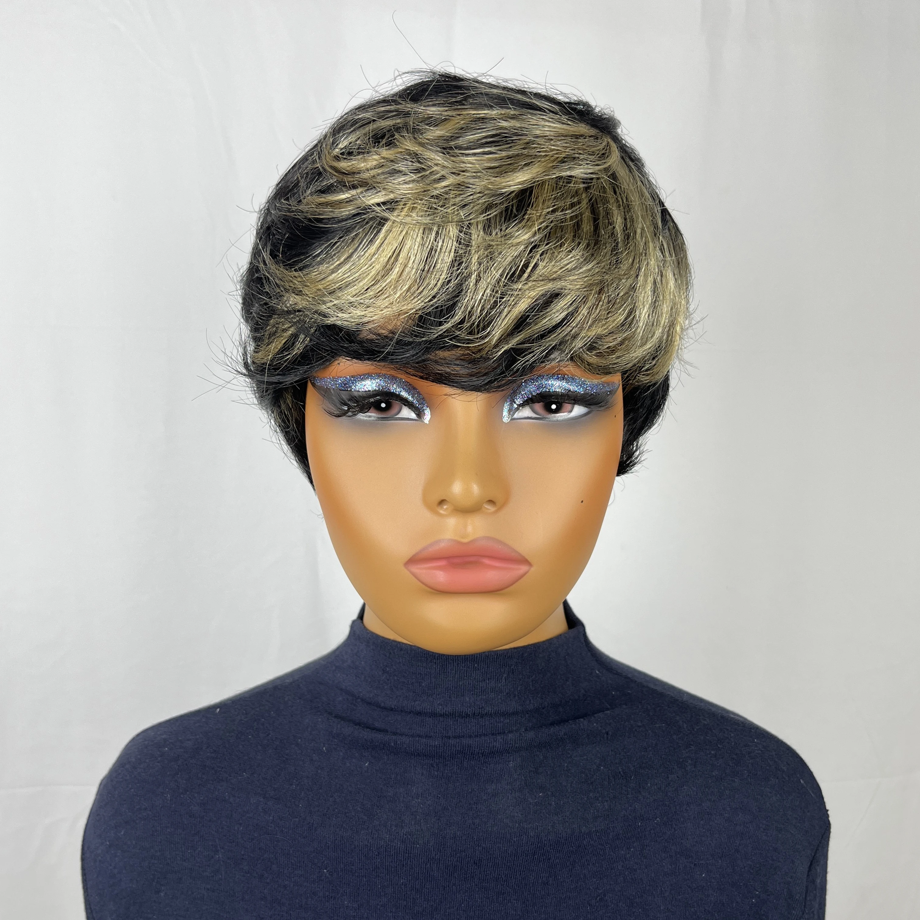 Krótka peruka pixie, kręcone fale, wstępnie wyregulowana linia włosów, peruki dla kobiet, kolor 1B/27, w pełni wykonane maszynowo krótkie peruki z ludzkich włosów.