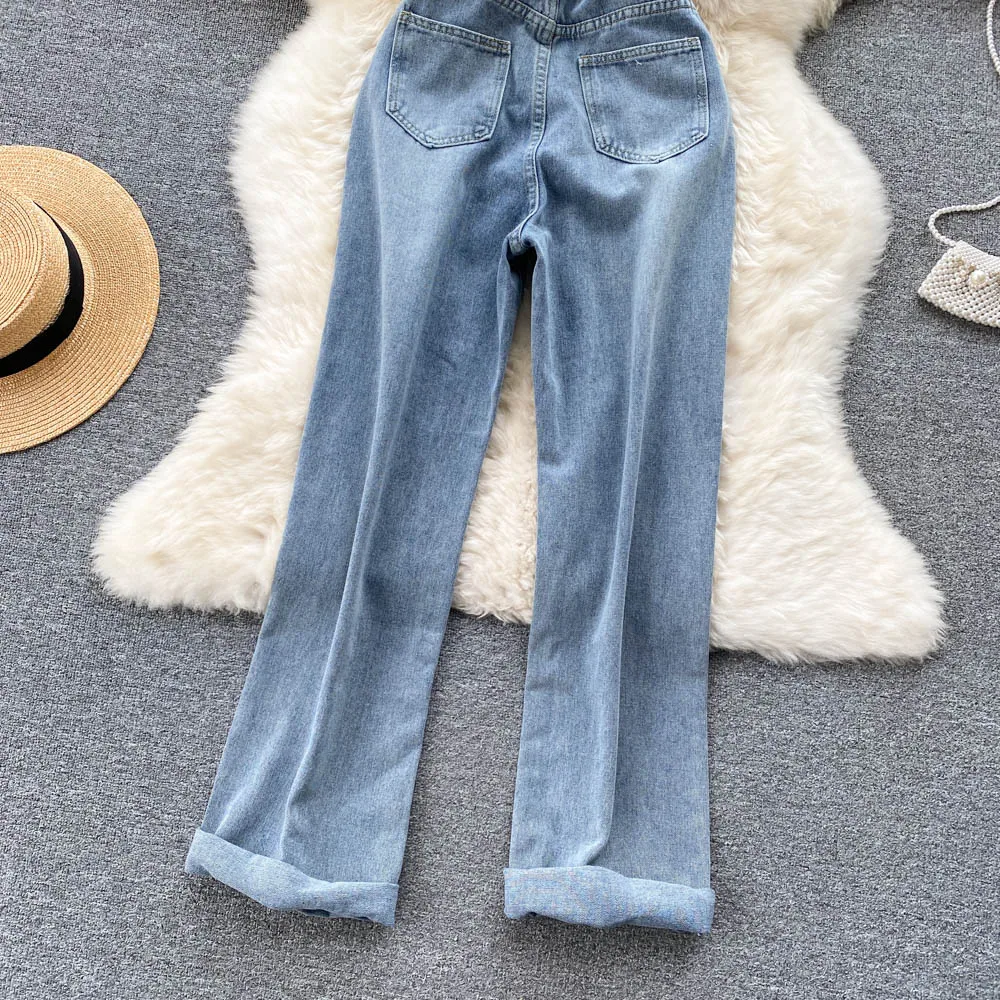 Retro Tube Top Jumpsuit Women\'s Summer 2023 New Slim Waist Buttons Up Denim Long Pants Overalls Rompers