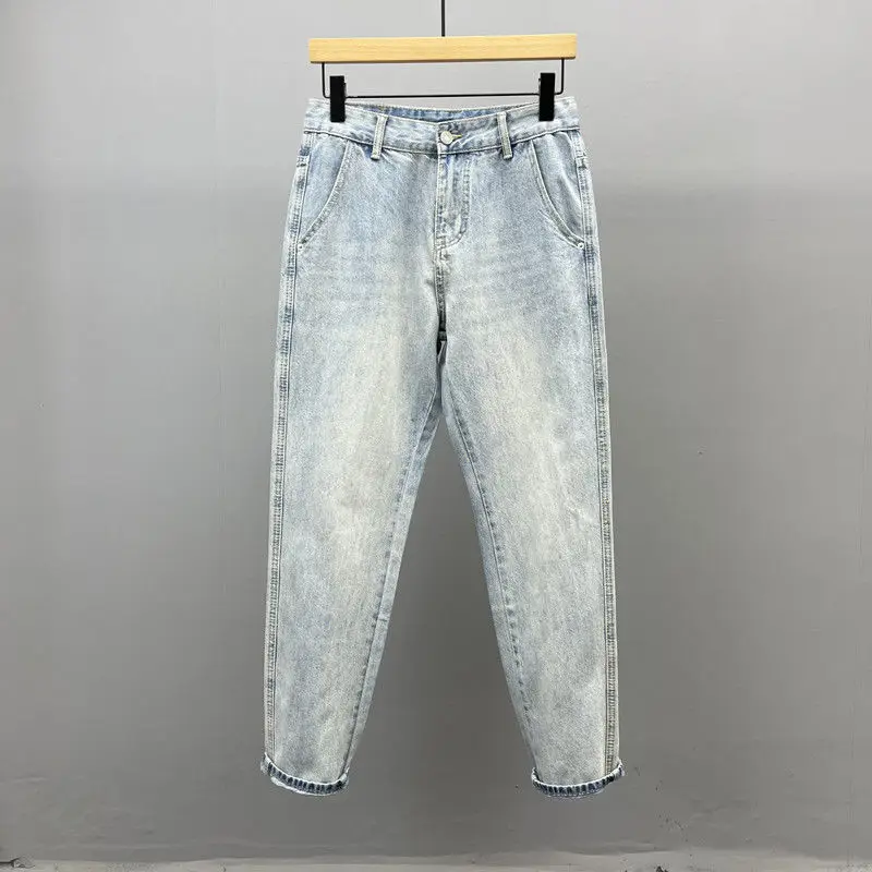 

Slant Pocket Light Blue Slim-fitting Small-footed Jeans Men's Streetwear Simple Retro High Street Trousers Trendy Men's Pants