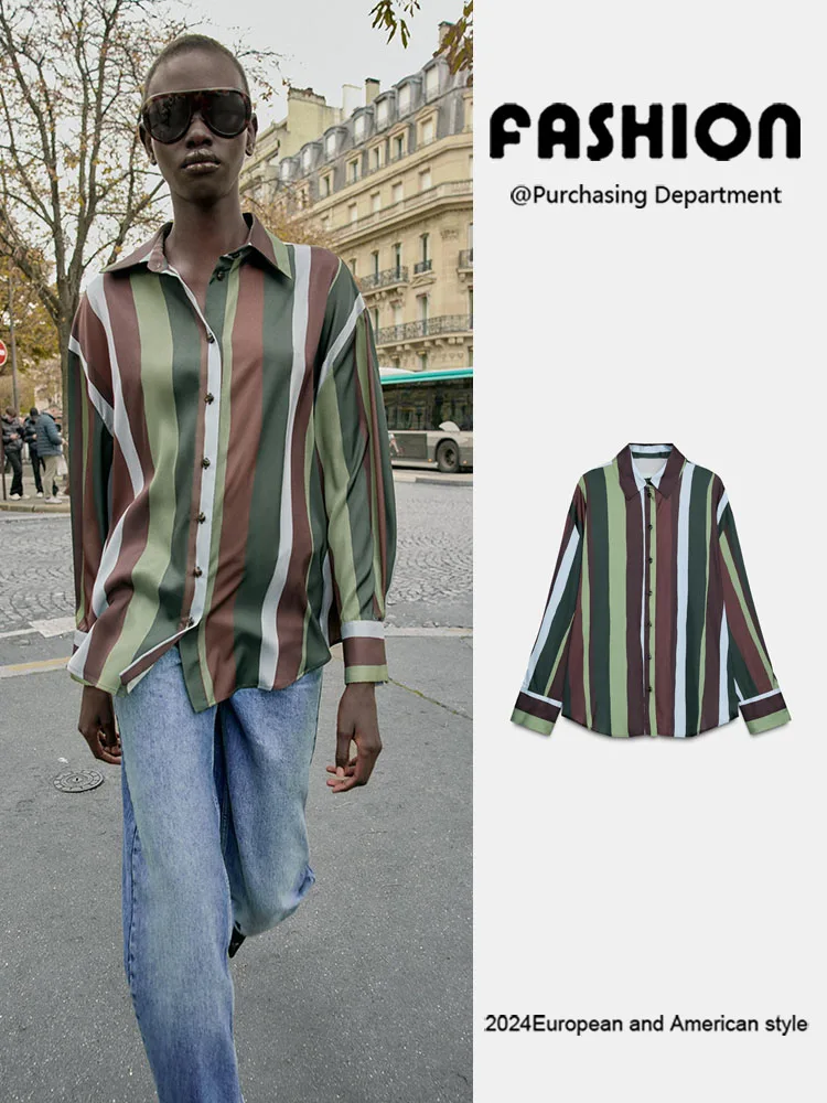 Winter 2025 Women's Faionable Long Sve awl Collar Striped Silk Satin Feel irt Versatile New Arrival 330