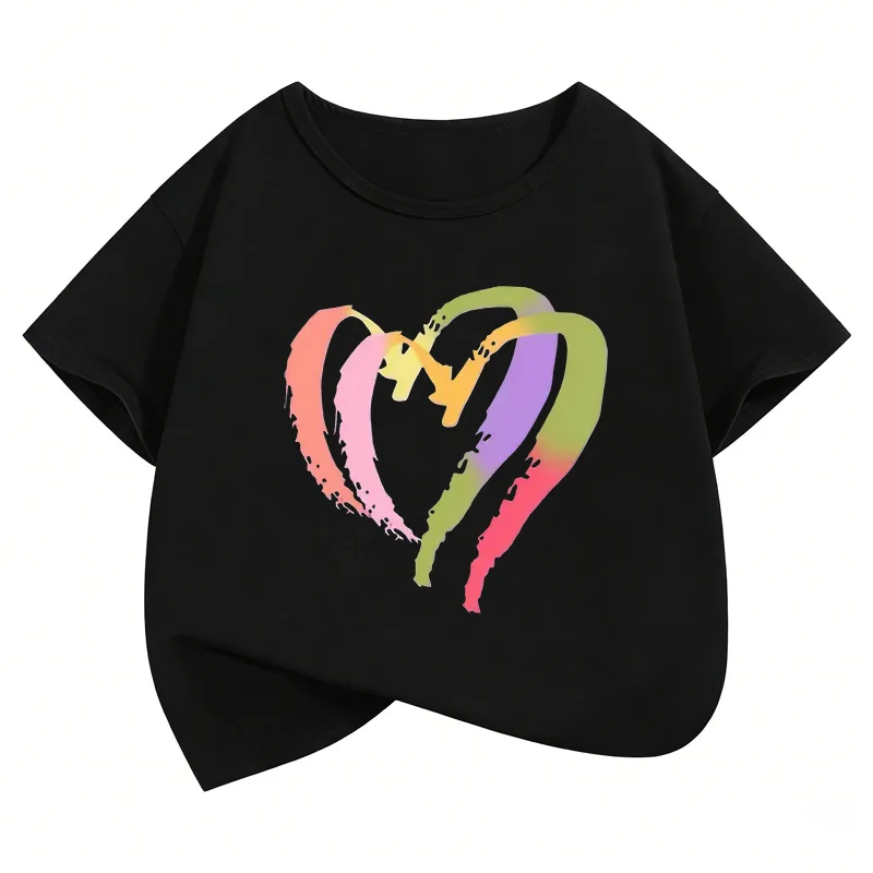 Bunte Liebesherzen Mode Rundhals Kurzarm T-Shirts für Kinder Jungen Mädchen Sommer Frühling Lässiges Oberteil