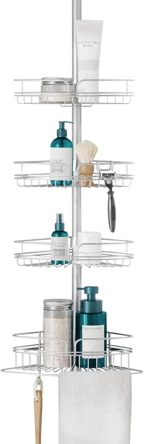 

Tension Pole Shower Caddy Corner Organizer, Adjustable Standing Shower Caddy with 4 Baskets and Built in Towel Bar, Rust