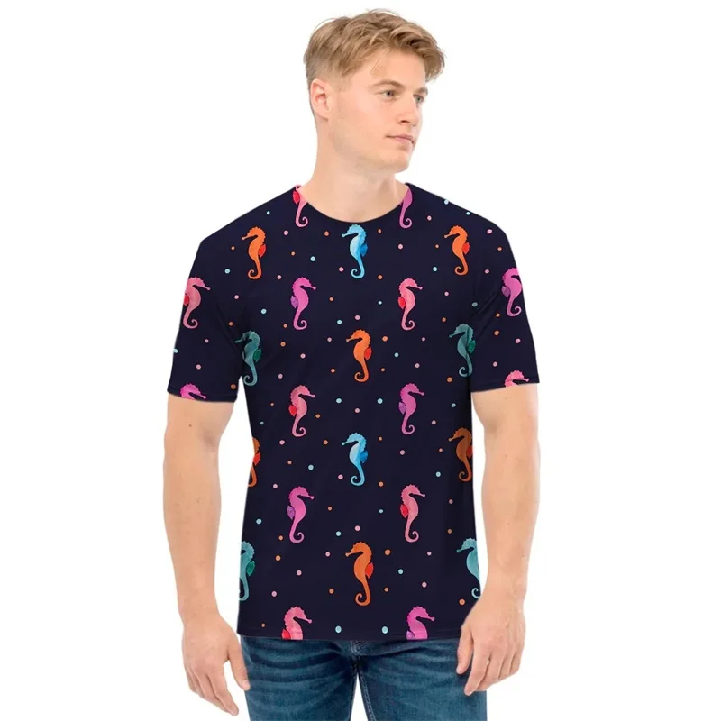 Full Print Seahorse Pattern T-shirt For Men Women Short Sleeve Funny Animal Tee Tops Summer Short Sleeve Large Size Tshirts Tops