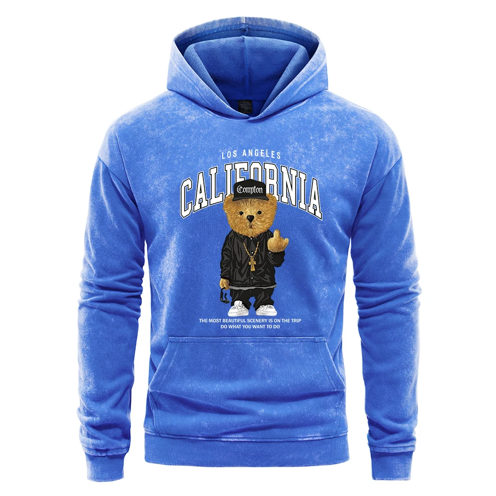 Los Angeles California Hip Hop Bear Print Men Washed Hoodie Casual All-Match Hoody Retro Loose Hoodies Autumn Cotton Clothing