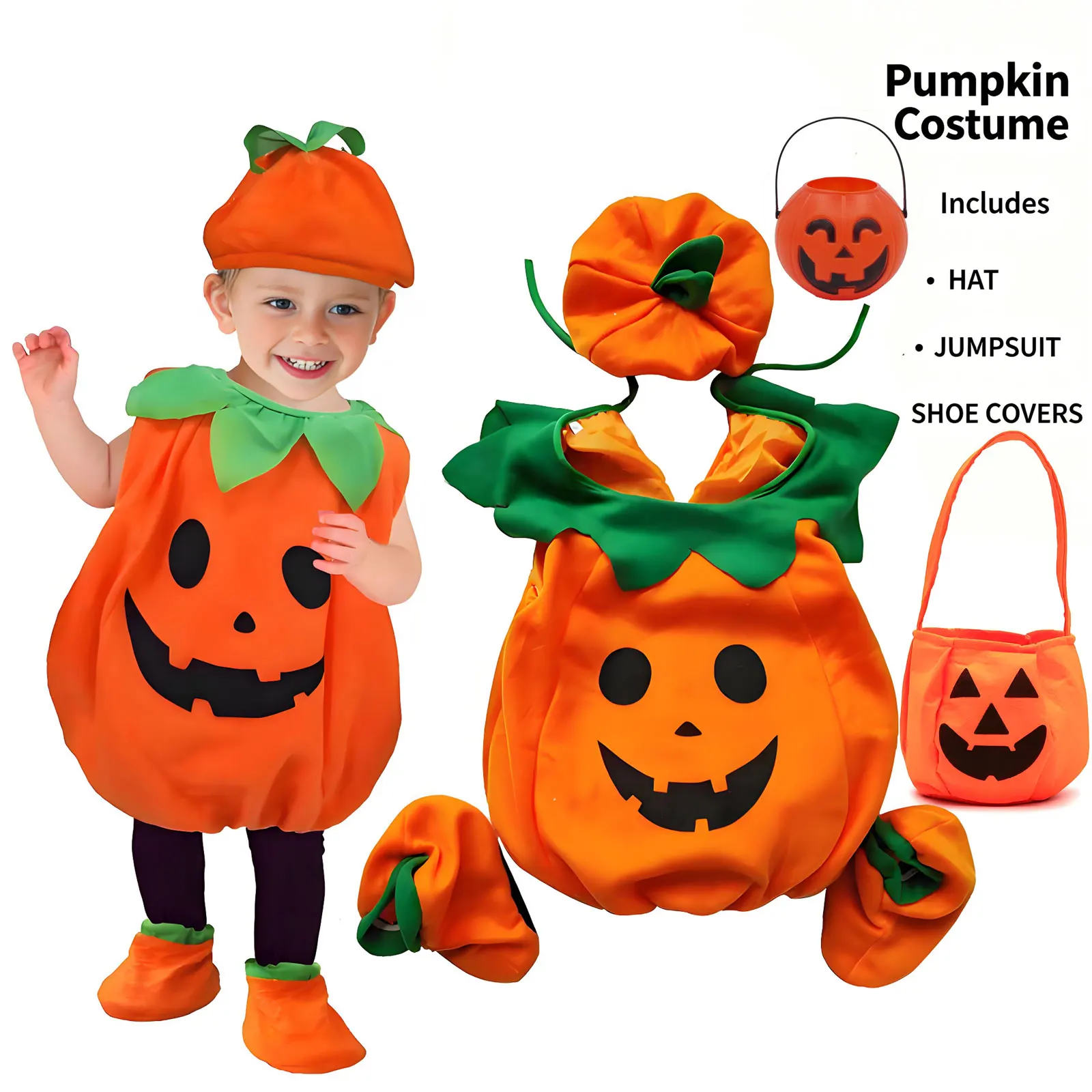 Kids Pumpkin Costume with Hat Boys Girls Halloween Cosplay Costume + Pumpkin Bag and Toy Basket Stage Performance Party Clothing