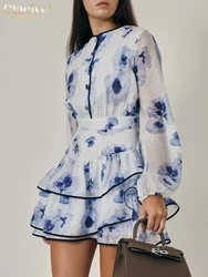 Clacive Fashion Loose Print Women's Dress Casual O-Neck Long Sleeve Mini Dresses Elegant Classic High Waist Pleated Female Dress