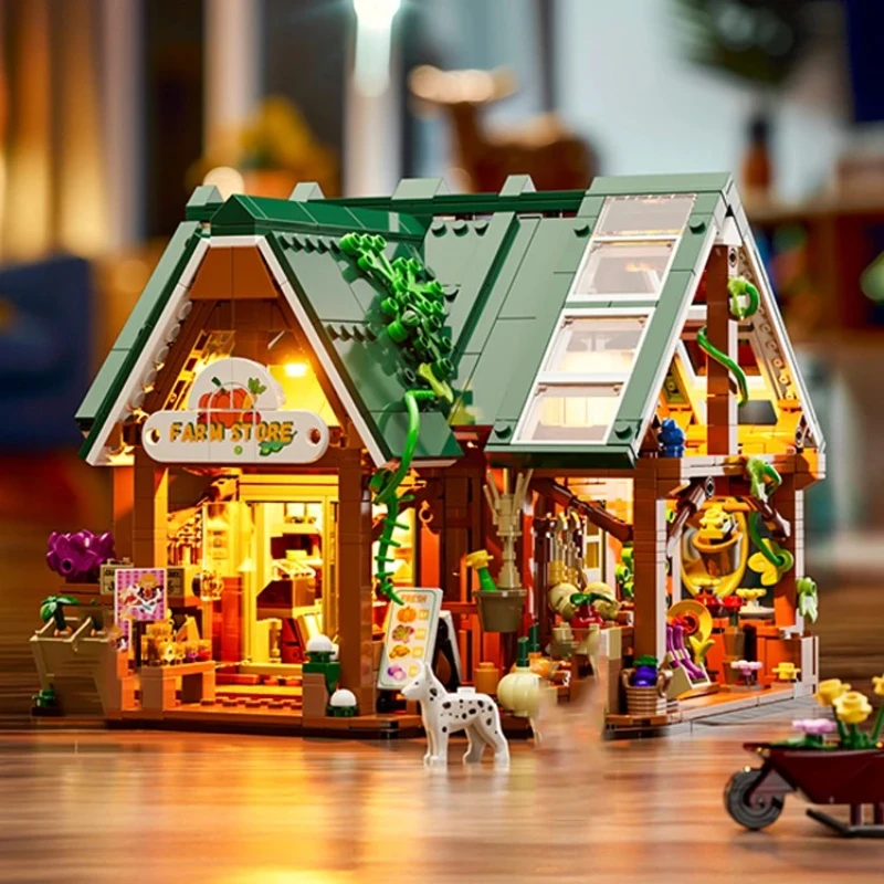 1523PCS Agricultural Product Store Building Blocks Light Street View House Model ​with 3 Figures Idea Puzzle Toys Christmas Gift