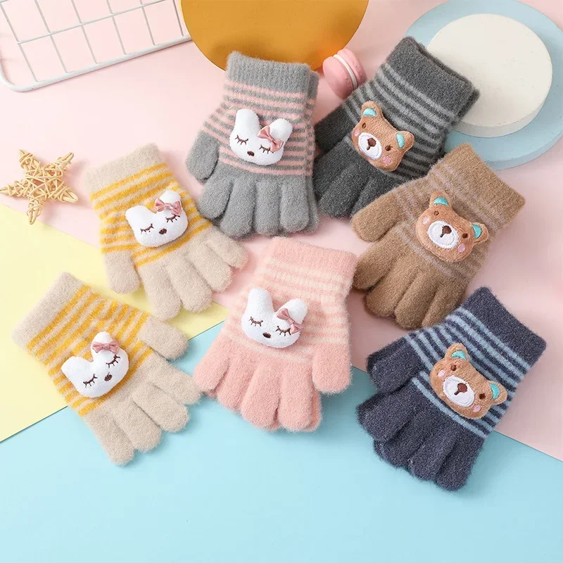 

Children Cute Cartoon Rabbit Bear Winter Warm Kids Gloves Kindergarten Boys Girls Five Finger Knitted Gloves for 3 To 6 Years