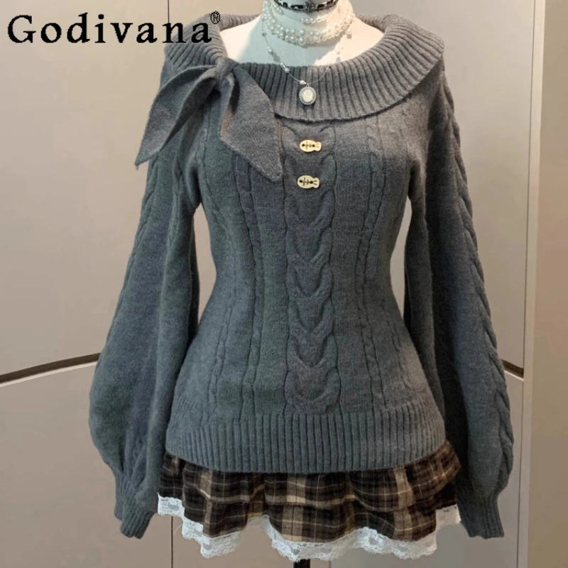 منقوشة تنورة قصيرة مجموعة للنساء الخريف الشتاء خمر نمط الحلو قبالة الكتف سترة الدانتيل المرقعة تنورة السيدات لوليتا الدعاوى #2