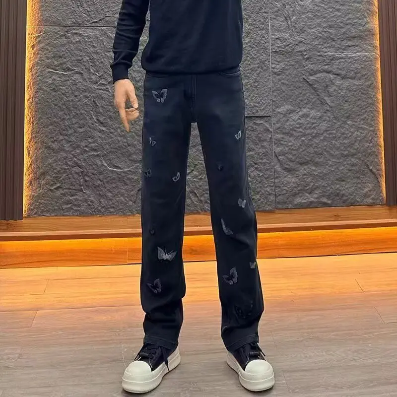 

Elegant Embroidered Slim Fit Straight Leg Jeans Men's Fashionable Black Long Pants mid Waist Cotton Polyester Blend