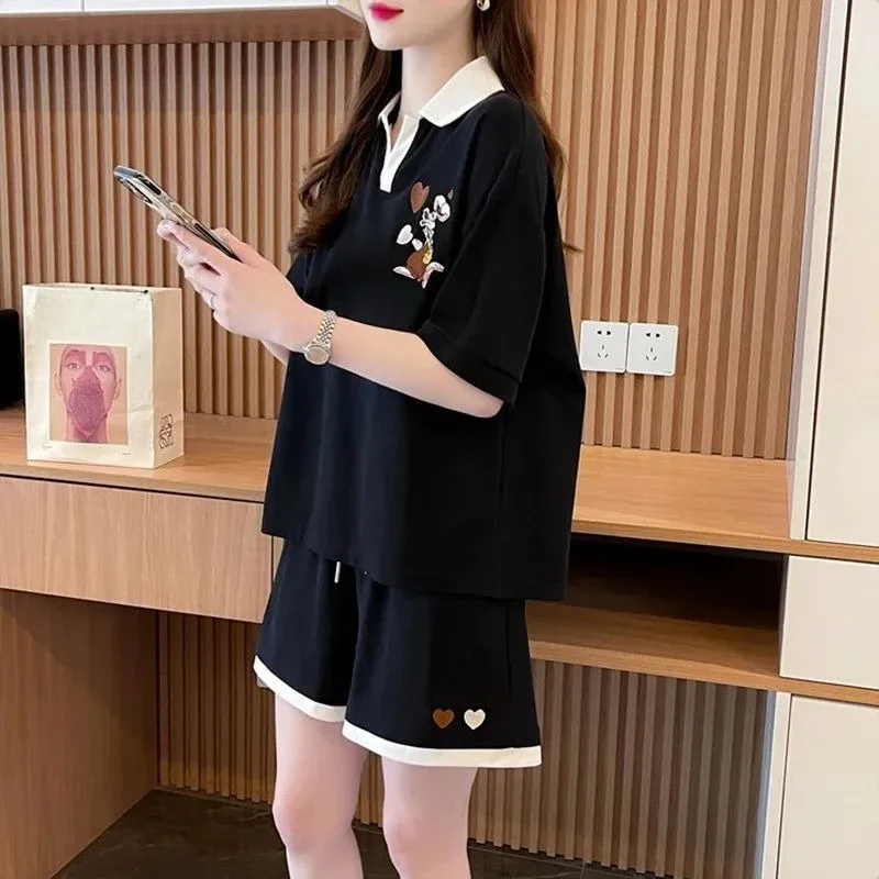 

Short Sets for Women 2 Pieces Tracksuit Cute Woman Shorts Black Cotton T Shirt Full New Coordinated Classic Kit Matching Luxury